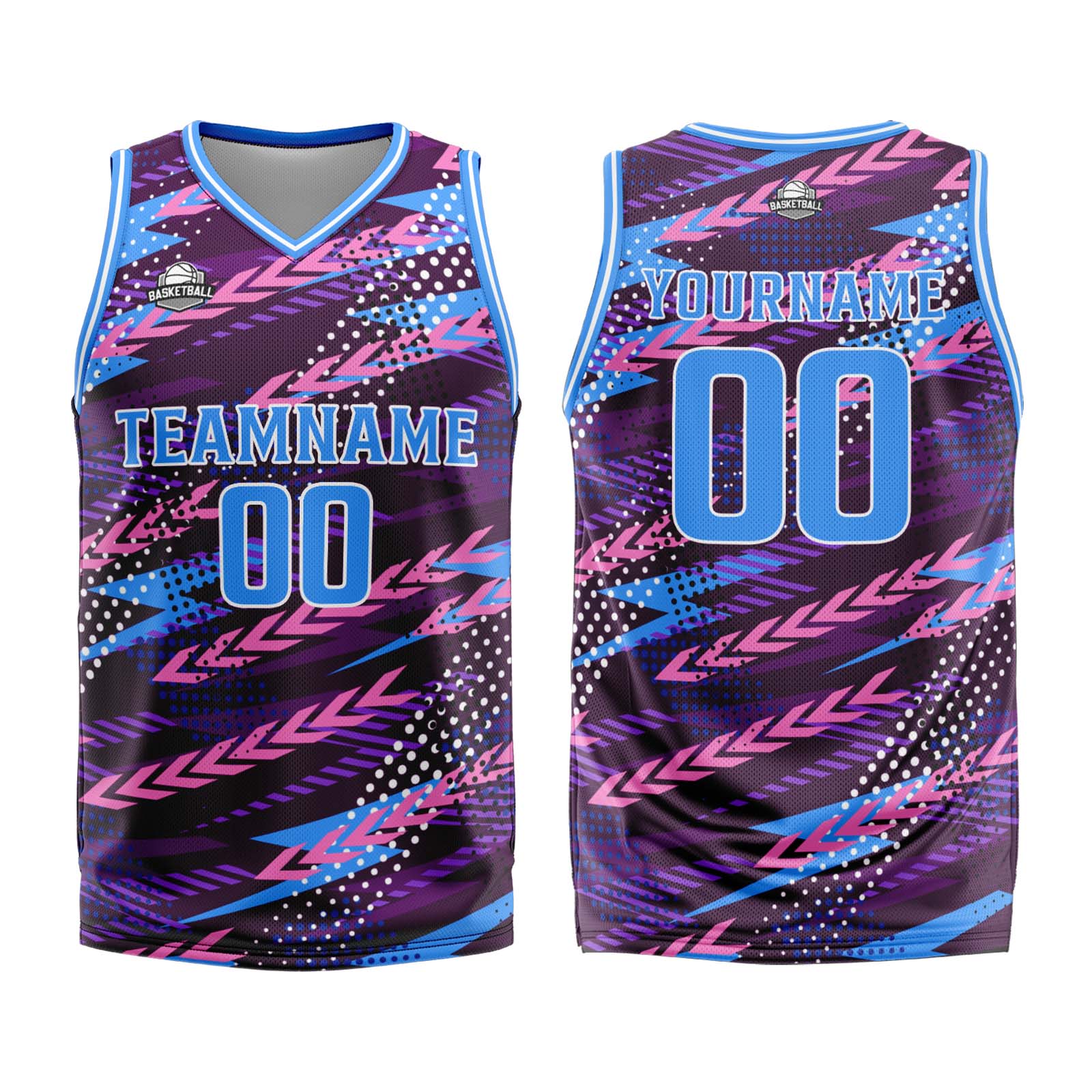 Uniforme de baloncesto personalizado rosa y azul con tu logotipo-nombre y número impresos