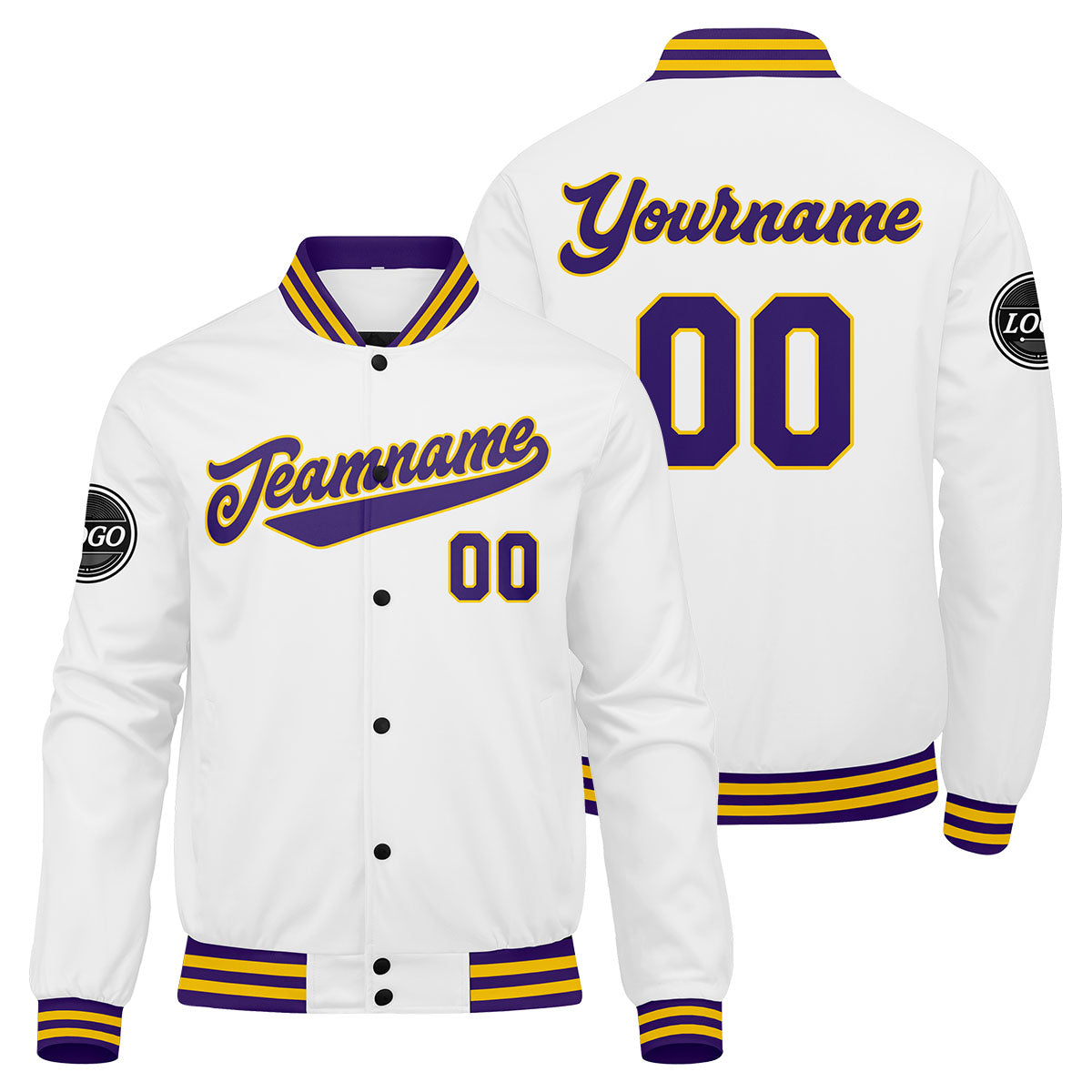 Chaqueta universitaria personalizada estilo Letterman para hombres-mujeres y jóvenes-color morado-blanco y amarillo