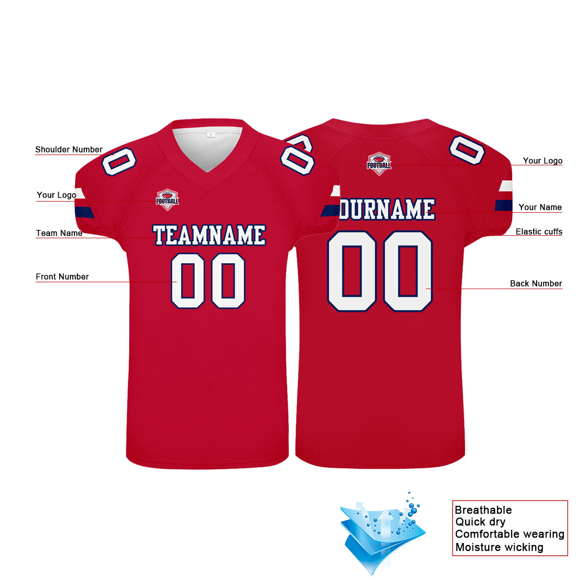Camiseta de fútbol personalizada con nombre y número del equipo impresos en rojo