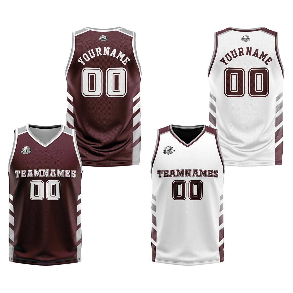 Traje de baloncesto reversible personalizado en carmesí-blanco y gris para adultos y niños