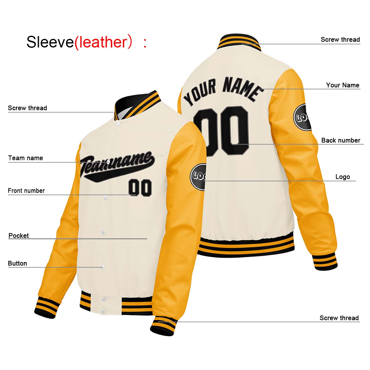 Chaquetas universitarias personalizadas color crema & blanco y amarillo para hombres & mujeres y jóvenes & Chaquetas tipo Letterman personalizadas