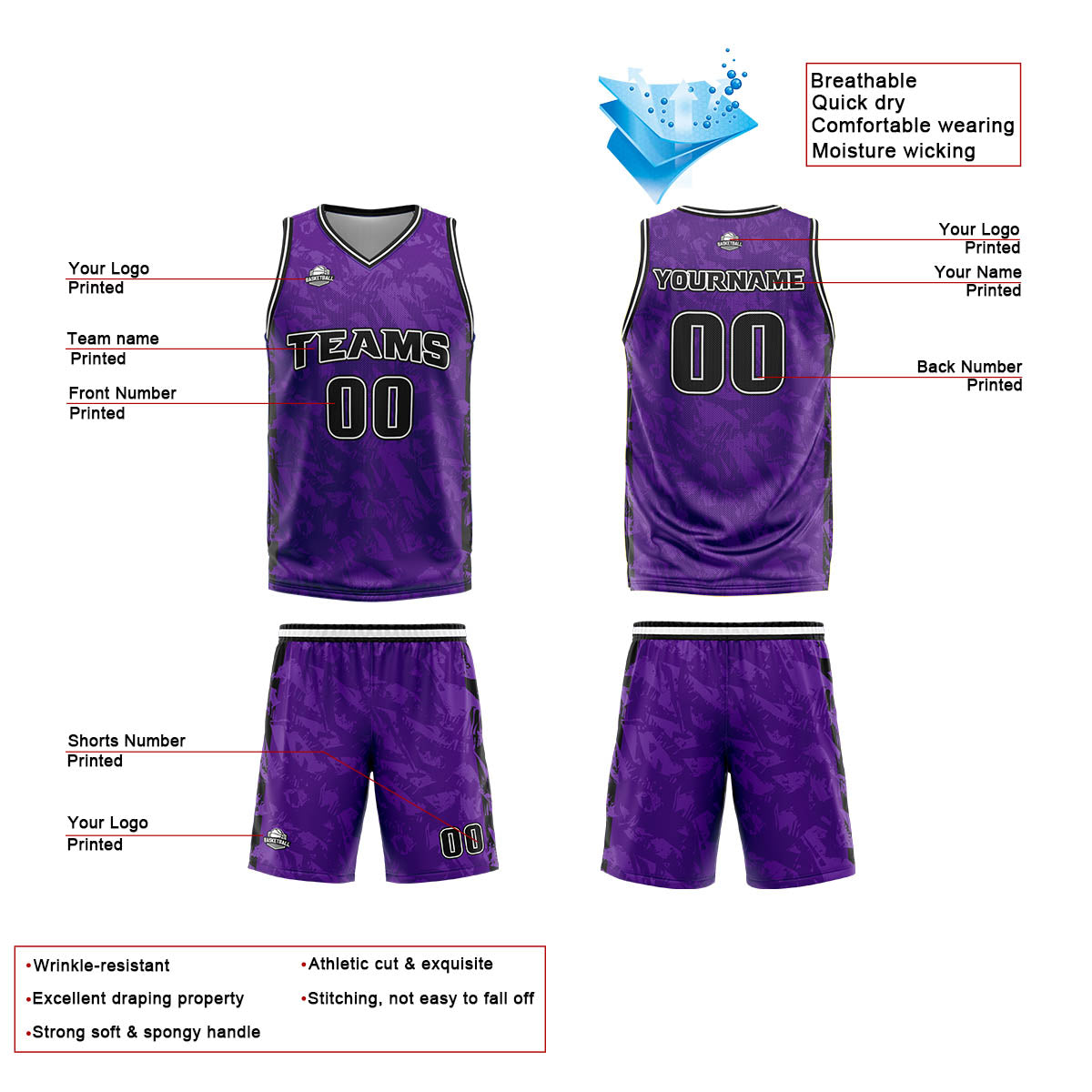 Uniforme de baloncesto personalizado color morado roto con tu logotipo-nombre y número impresos