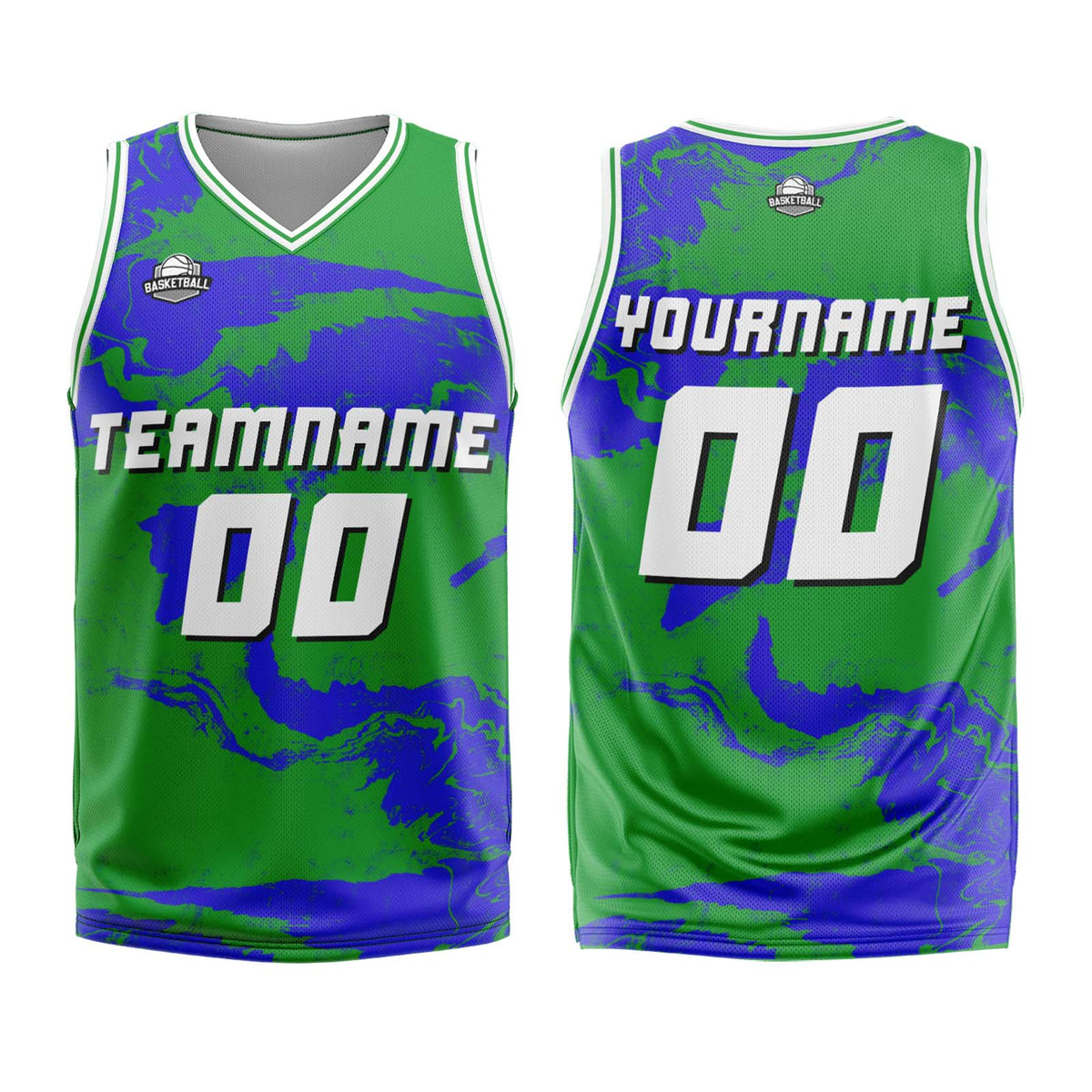 Uniforme de baloncesto personalizado verde y azul con tu logotipo-nombre y número impresos