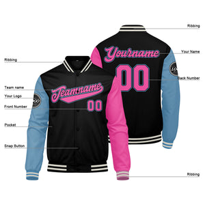 Chaqueta universitaria personalizada estilo Letterman para hombres-mujeres y jóvenes Color negro-azul claro y rosa