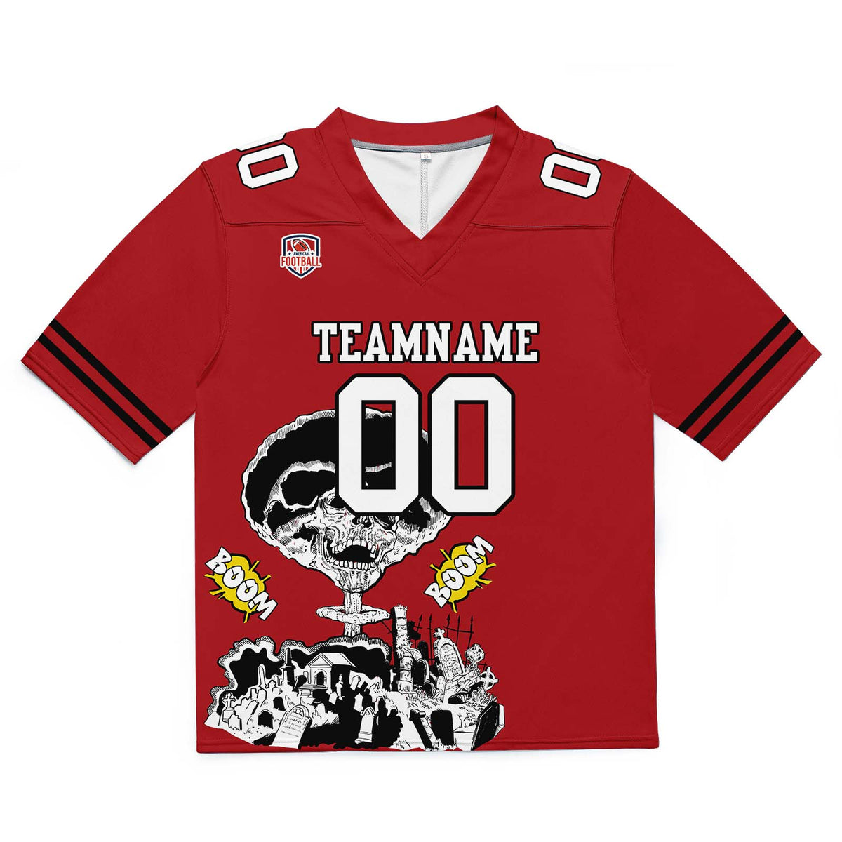 Camiseta de fútbol personalizada con nombre y número del equipo impresos y bordados en color rojo