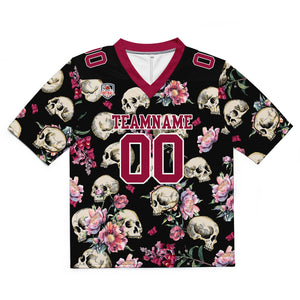 Camiseta de fútbol personalizada con nombre y número del equipo bordados y estampados en forma de calavera magenta