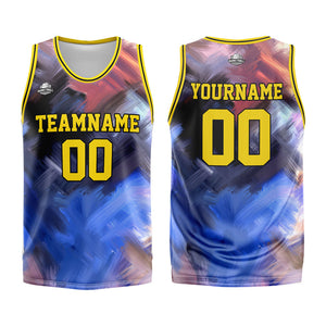Uniforme de baloncesto personalizado amarillo y azul con tu logotipo-nombre y número impresos