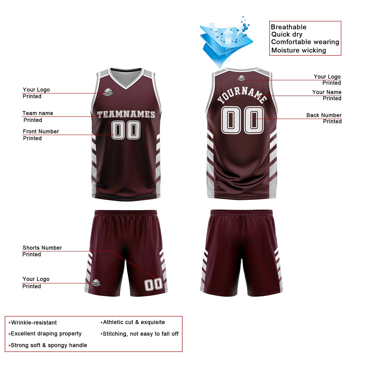 Traje de baloncesto reversible personalizado en carmesí-blanco y gris para adultos y niños