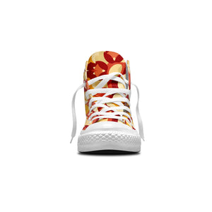 Recorre las calles con un estilo inigualable gracias a nuestras zapatillas de lona de corte medio-que presentan intrincados diseños de inspiración marroquí en una vibrante paleta de rojos-amarillos y verdes