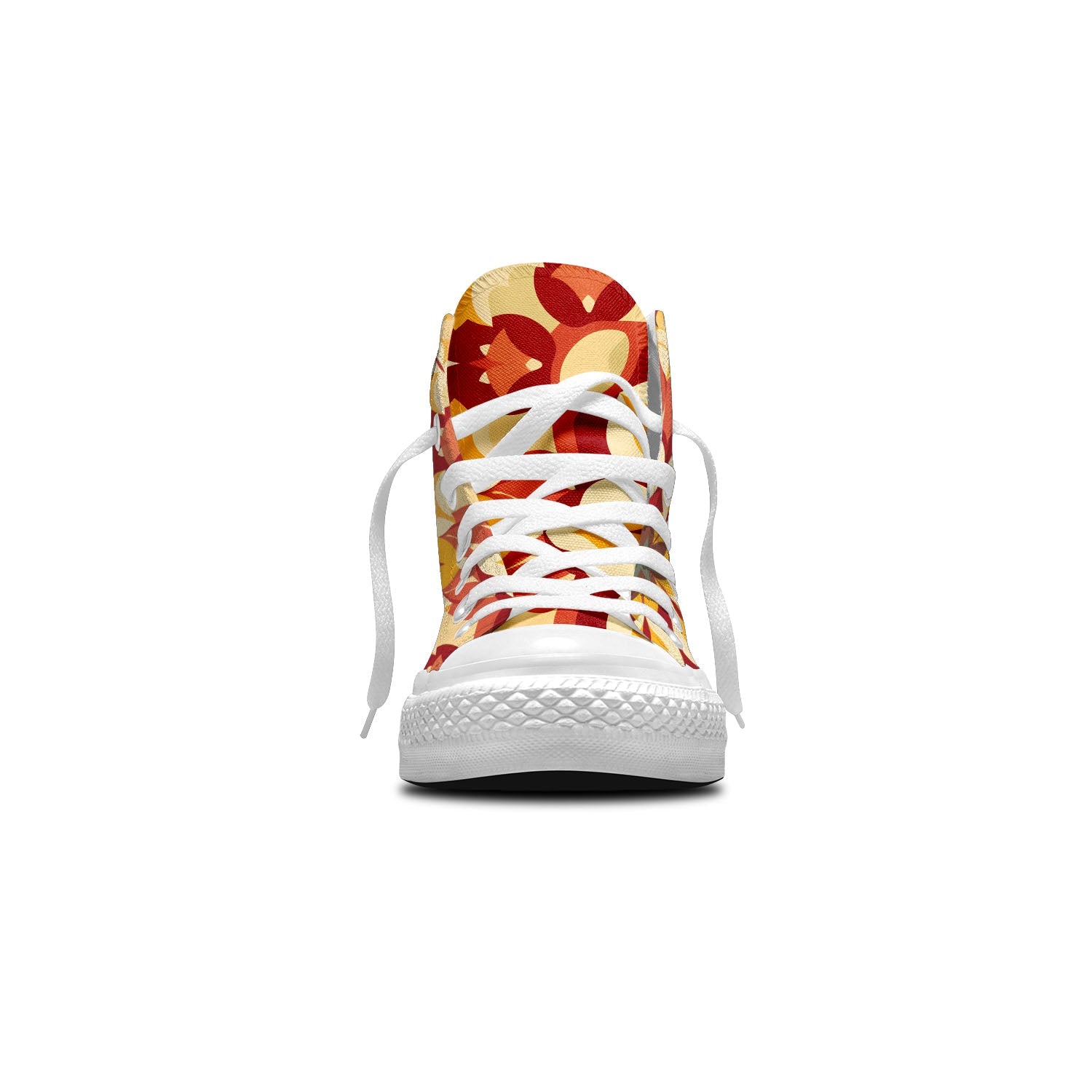 Recorre las calles con un estilo inigualable gracias a nuestras zapatillas de lona de corte medio-que presentan intrincados diseños de inspiración marroquí en una vibrante paleta de rojos-amarillos y verdes