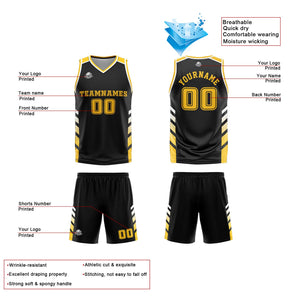 Traje de baloncesto reversible personalizado en negro-blanco y amarillo para adultos y niños