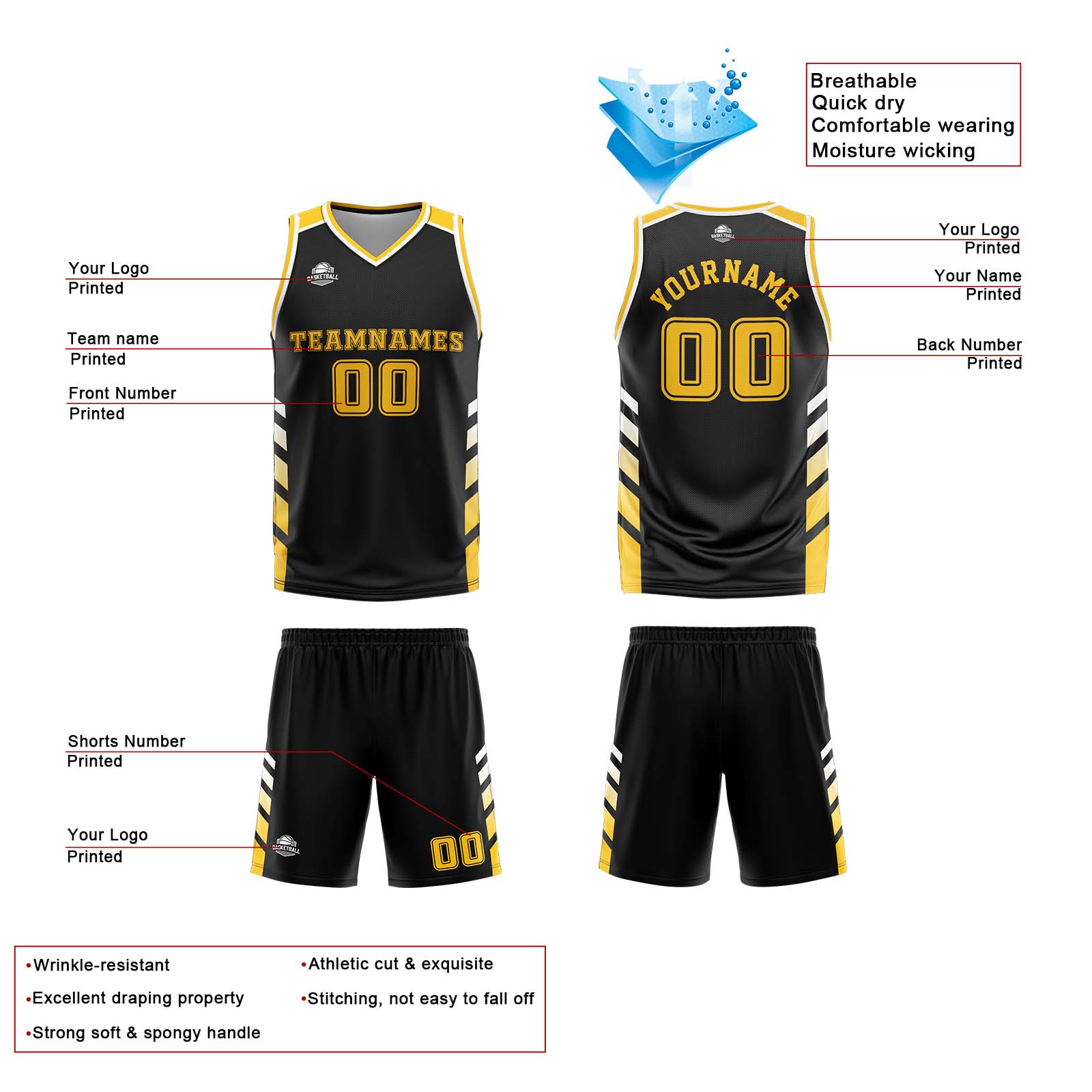 Traje de baloncesto reversible personalizado en negro-blanco y amarillo para adultos y niños