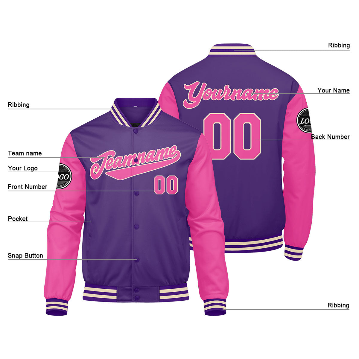 Chaqueta universitaria personalizada estilo Letterman para hombres-mujeres y jóvenes-color morado y rosa