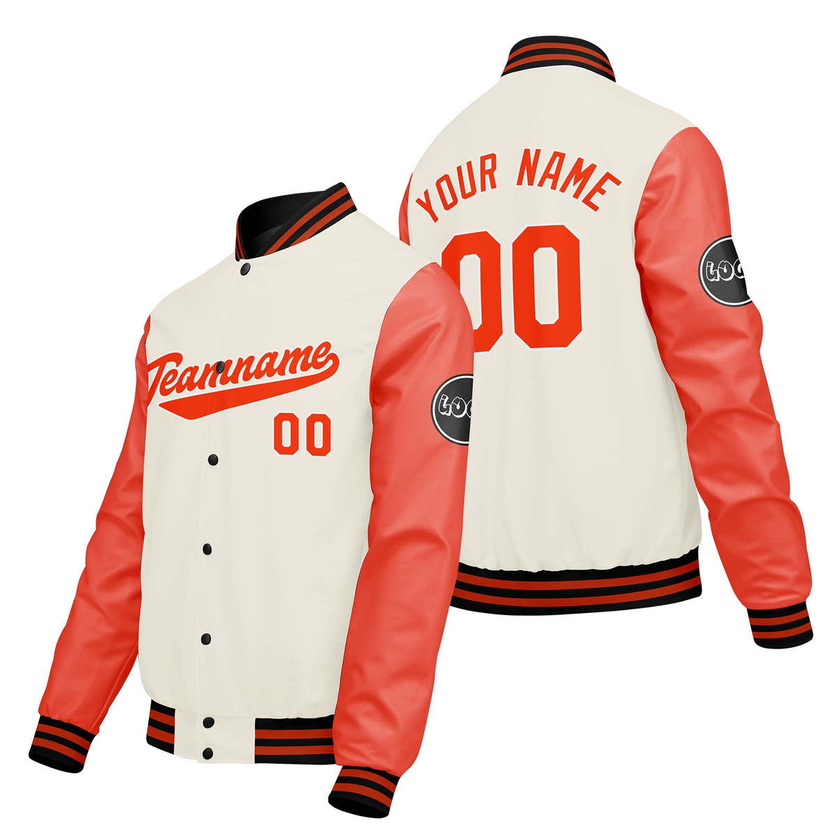 Chaquetas universitarias personalizadas color crema & blanco y naranja para hombres & mujeres y jóvenes & Chaquetas Letterman personalizadas