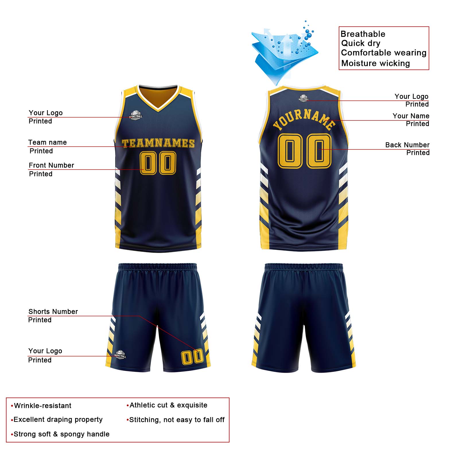 Traje de baloncesto reversible personalizado azul marino-amarillo y blanco para adultos y niños