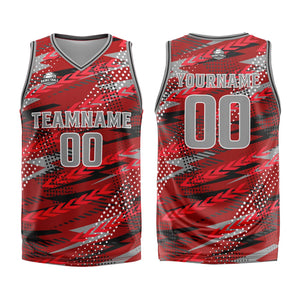 Uniforme de baloncesto personalizado rojo y gris con tu logotipo-nombre y número impresos