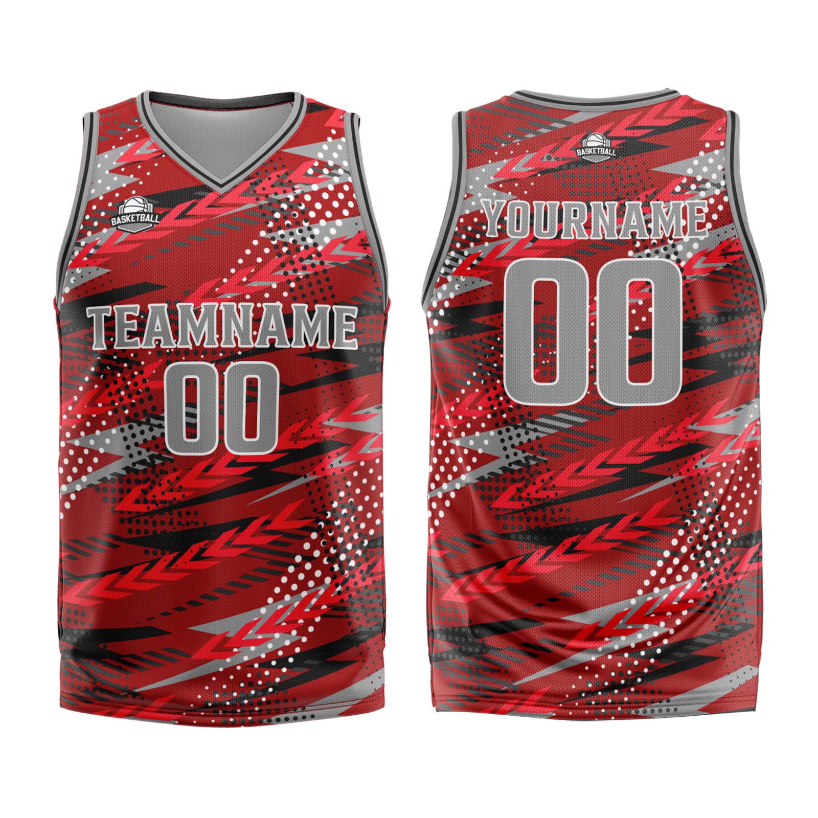 Uniforme de baloncesto personalizado rojo y gris con tu logotipo-nombre y número impresos