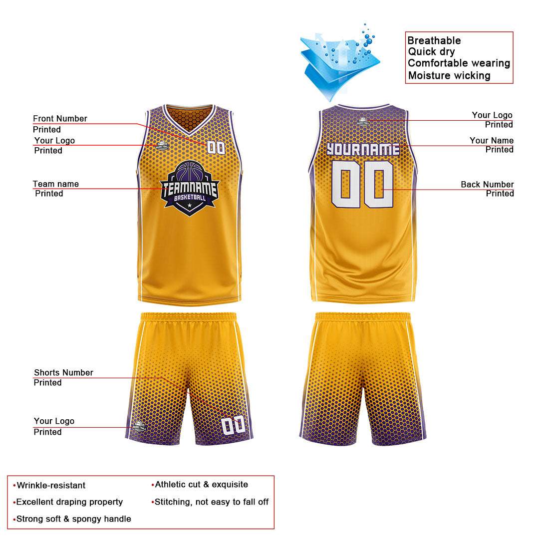 Traje de baloncesto reversible personalizado amarillo-morado y blanco para adultos y niños