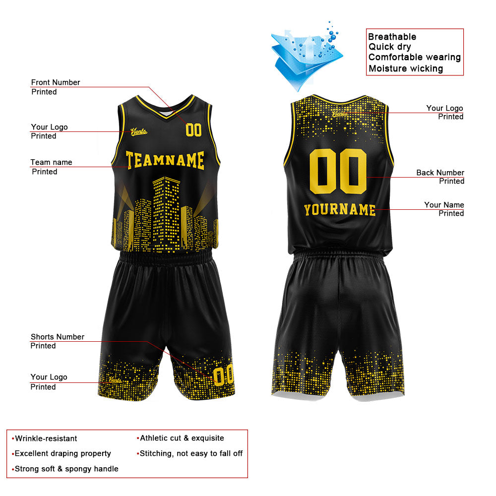 Uniforme de baloncesto personalizado con vista nocturna negra-estampado con tu logotipo-nombre y número