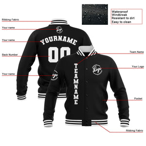 Chaquetas universitarias impermeables personalizadas en blanco y negro con nombre-número y logotipo bordados a medida