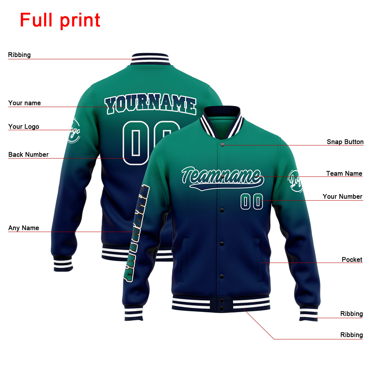 Chaqueta universitaria personalizada estilo Letterman para hombres-mujeres y jóvenes-color verde y azul marino