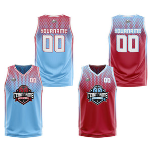 Traje de baloncesto reversible azul-rojo y blanco personalizado para adultos y niños
