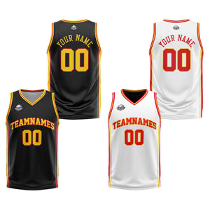 Traje de baloncesto reversible personalizado en negro-blanco-amarillo y rojo para adultos y niños