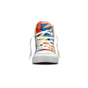 Dino Dreamscape: Zapatillas unisex de lona de media caña -Embárcate en un viaje a través de un mundo artístico con divertidos estampados de dinosaurios para hombres y mujeres