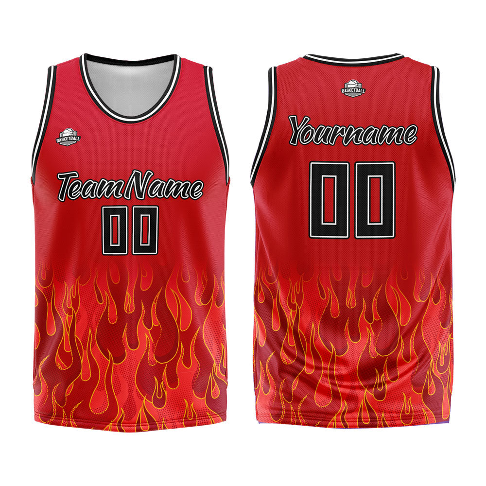 Uniforme de baloncesto personalizado con diseño de llama roja-impreso con tu logotipo-nombre y número