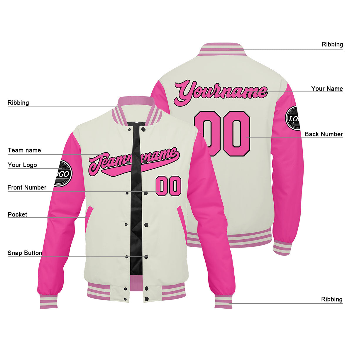 Chaqueta universitaria personalizada estilo Letterman para hombres-mujeres y jóvenes-color rosa