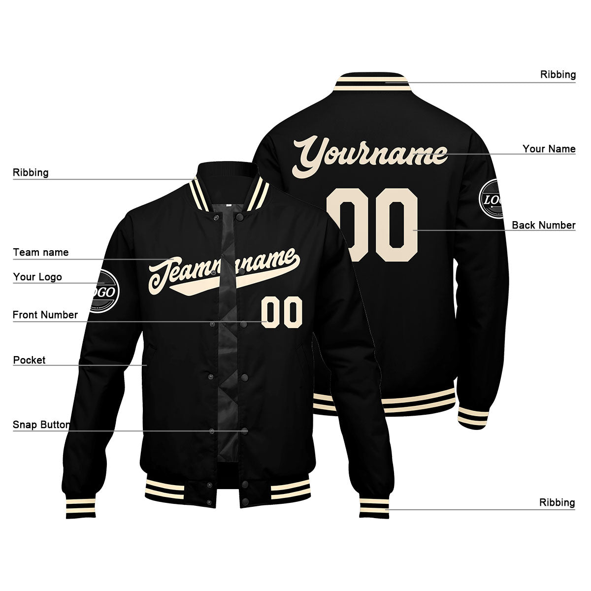 Chaqueta universitaria personalizada estilo Letterman para hombres-mujeres y jóvenes-color negro y crema