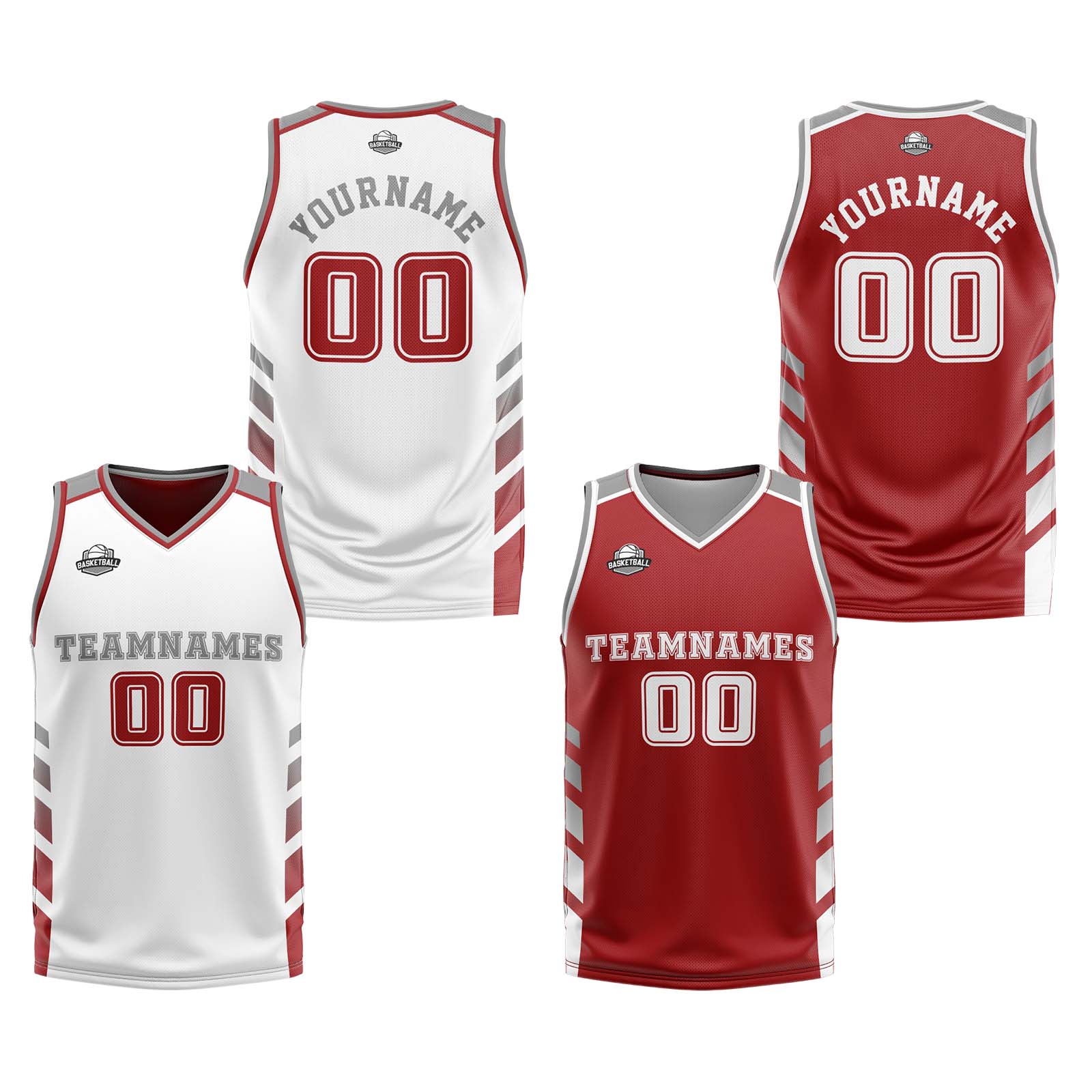 Traje de baloncesto reversible personalizado blanco-rojo y gris para adultos y niños