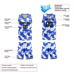 Uniforme de baloncesto personalizado azul y blanco con tu logotipo-nombre y número impresos