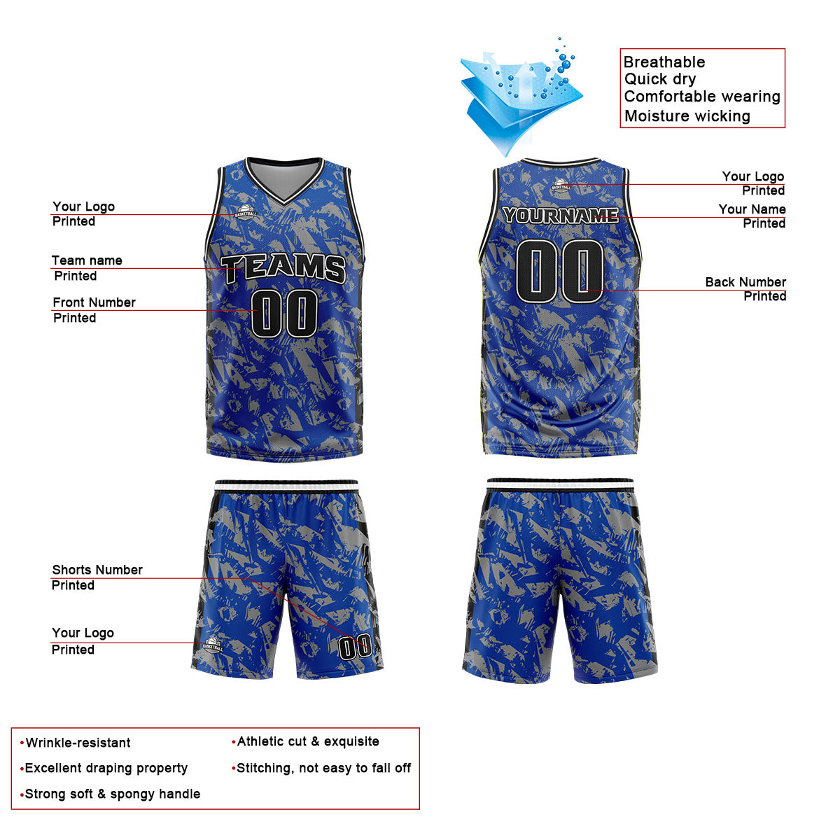 Uniforme de baloncesto personalizado en gris real roto con tu logotipo-nombre y número impresos