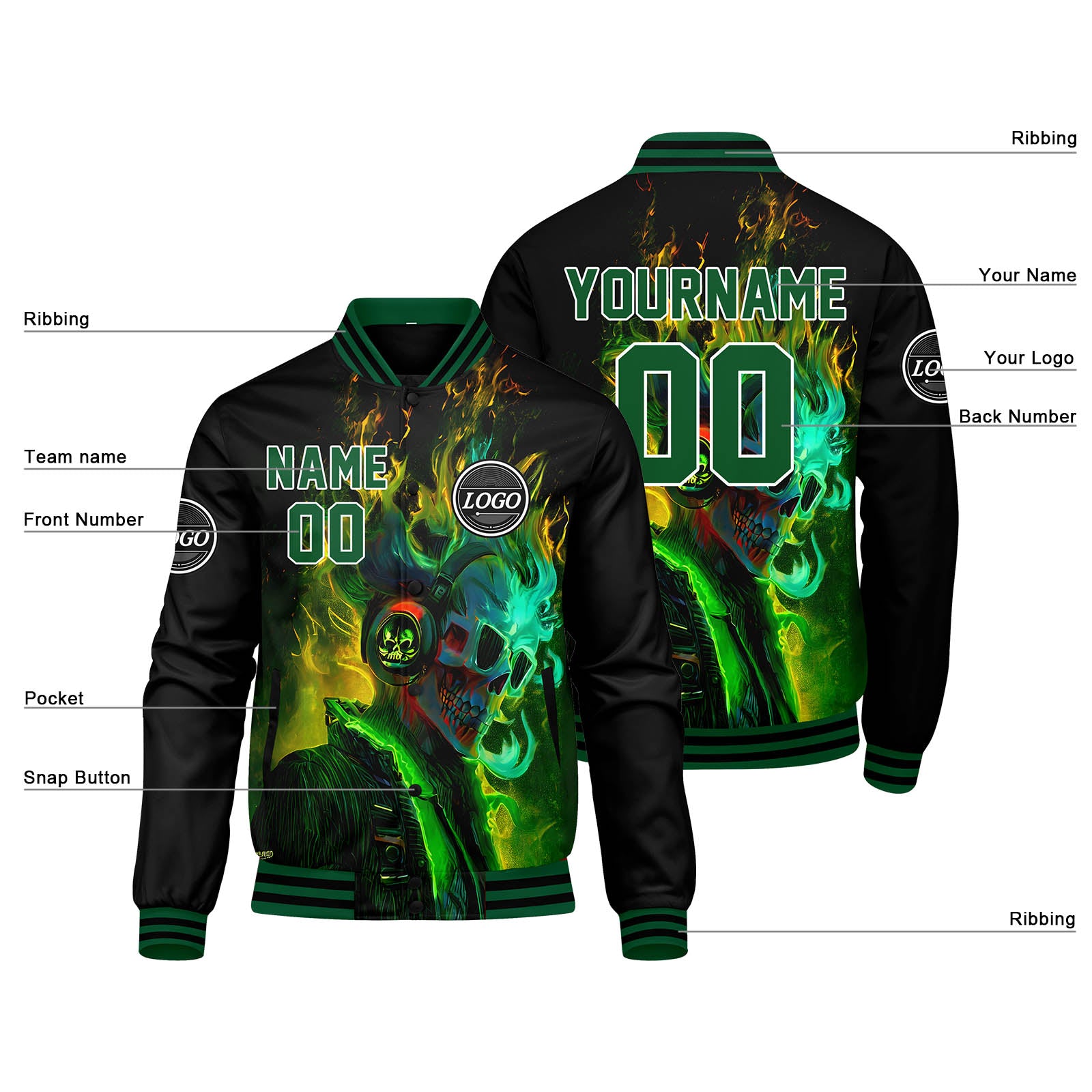 Chaqueta universitaria personalizada estilo Letterman para hombres-mujeres y jóvenes-color verde y negro