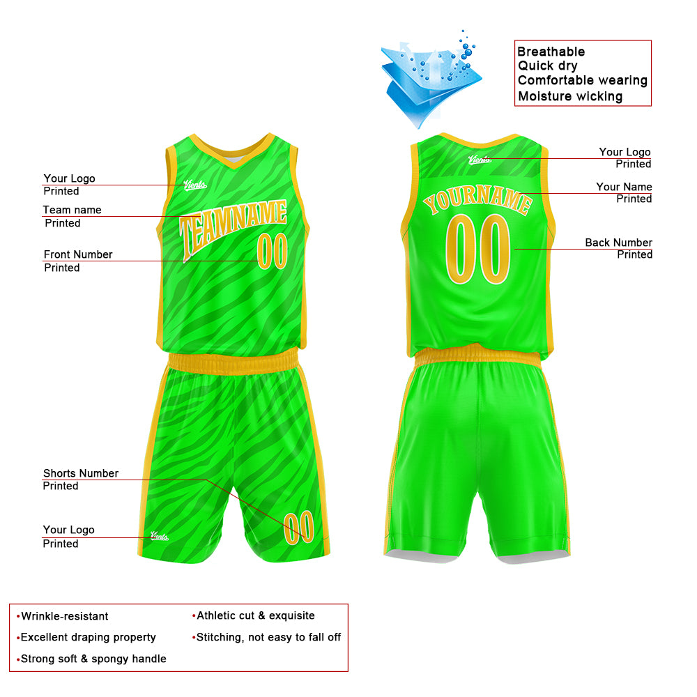 Uniforme de baloncesto personalizado verde neón con tu logotipo-nombre y número impresos