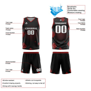 Uniforme de baloncesto rojo con diseño geométrico personalizado-estampado con tu logotipo-nombre y número
