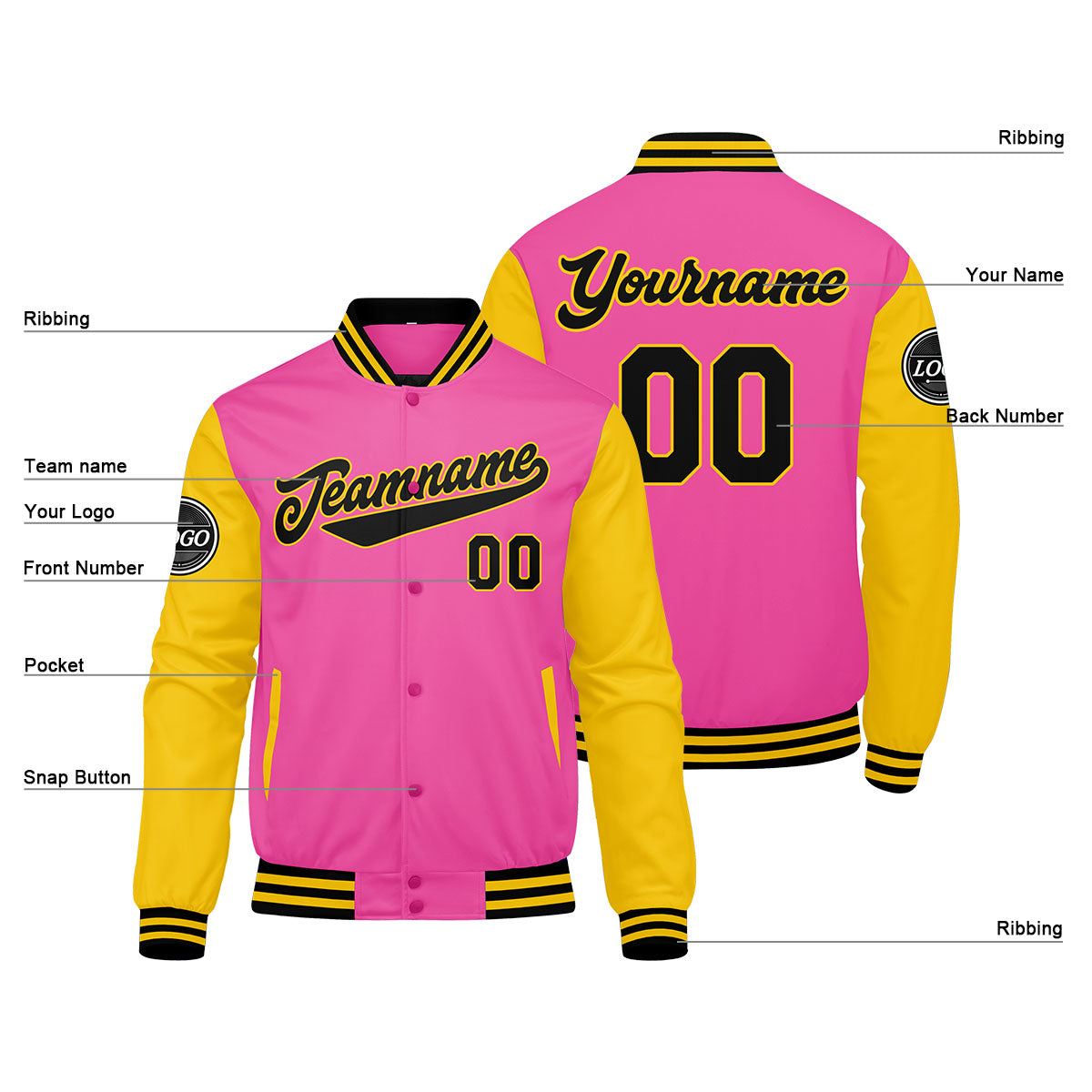 Chaqueta universitaria personalizada estilo Letterman para hombres-mujeres y jóvenes en rosa-amarillo y negro