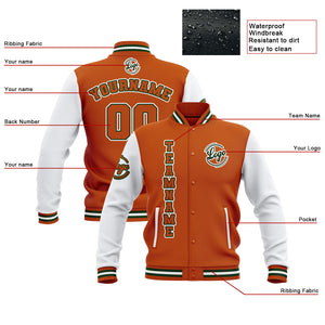 Chaquetas universitarias impermeables personalizadas en color naranja y blanco con nombre-número y logotipo bordados a medida