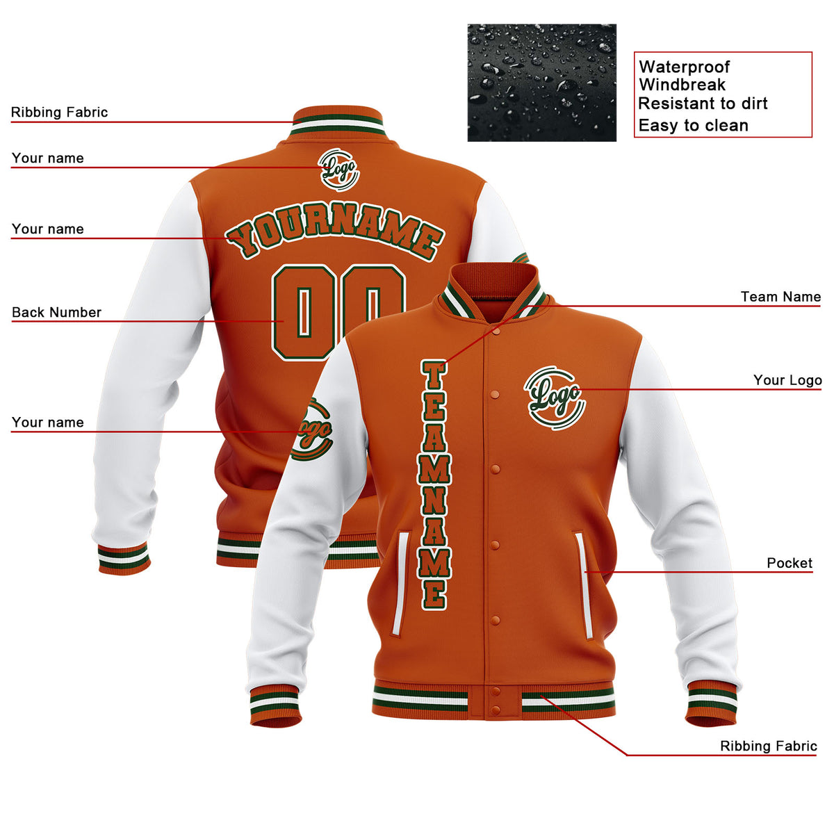 Chaquetas universitarias impermeables personalizadas en color naranja y blanco con nombre-número y logotipo bordados a medida