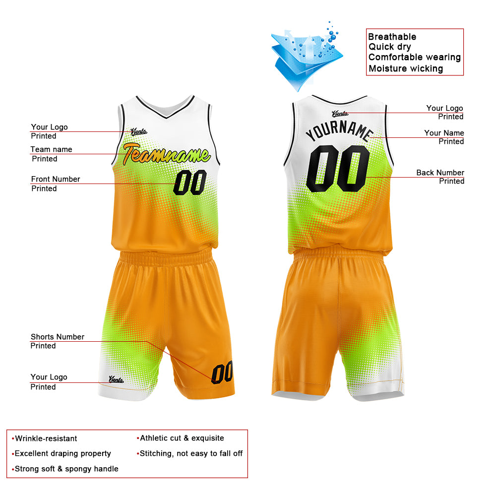 Uniforme de baloncesto personalizado blanco-verde y naranja con tu logotipo-nombre y número impresos