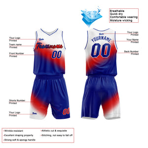 Uniforme de baloncesto personalizado blanco-rojo y azul con tu logotipo-nombre y número impresos