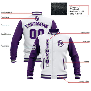 Chaquetas universitarias impermeables personalizadas en blanco-morado y gris con nombre-número y logotipo bordados