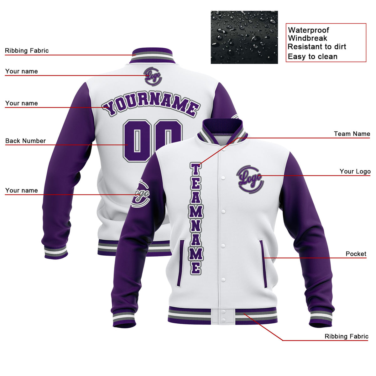 Chaquetas universitarias impermeables personalizadas en blanco-morado y gris con nombre-número y logotipo bordados