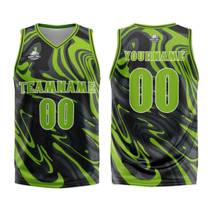 Uniforme de baloncesto personalizado en verde fluido y negro con tu logotipo-nombre y número impresos