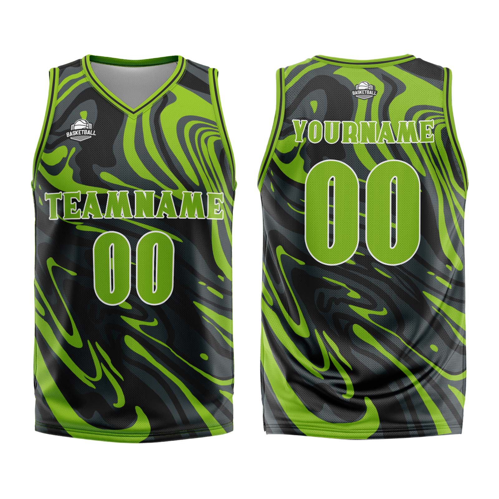 Uniforme de baloncesto personalizado en verde fluido y negro con tu logotipo-nombre y número impresos