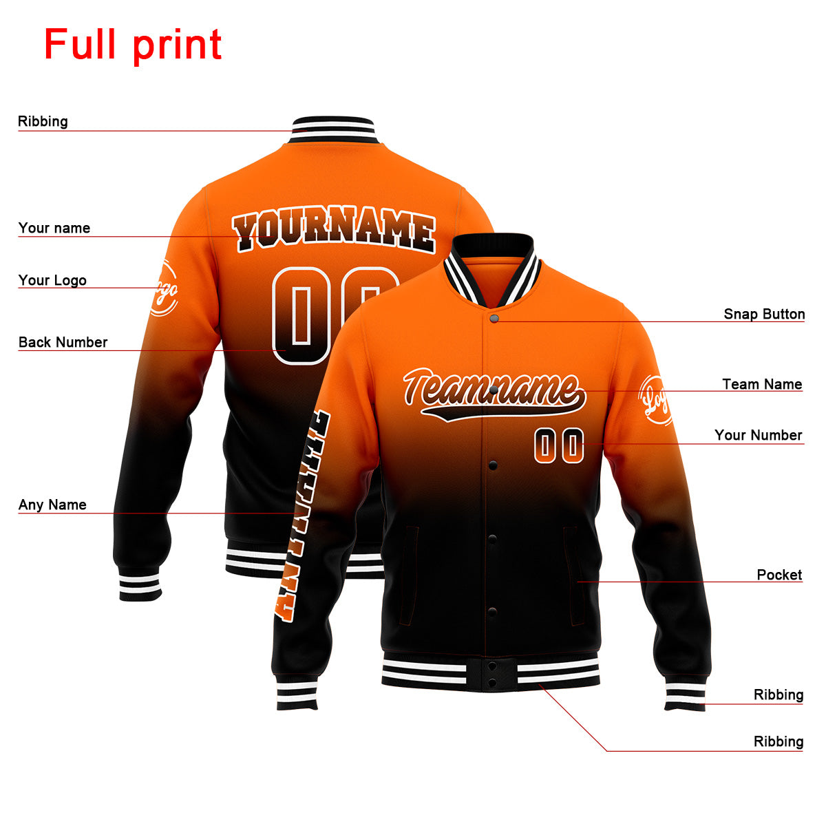 Chaqueta universitaria personalizada estilo Letterman para hombres-mujeres y jóvenes-color naranja y negro