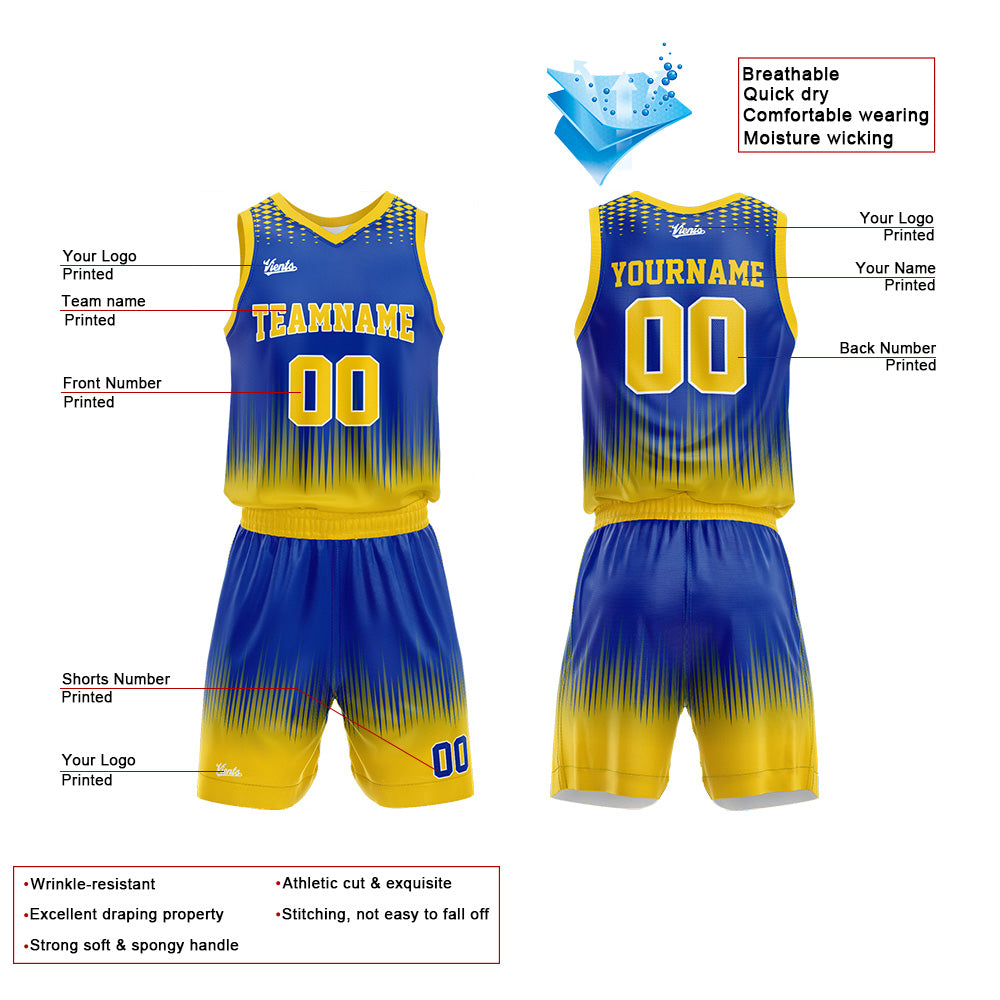 Uniforme de baloncesto personalizado color amarillo real con su logotipo-nombre y número impresos
