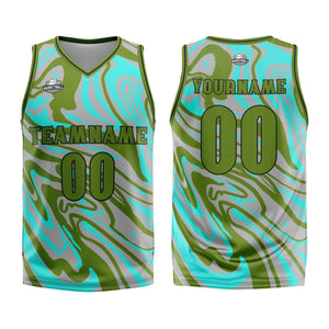 Uniforme de baloncesto personalizado en verde y gris fluido con tu logotipo-nombre y número impresos