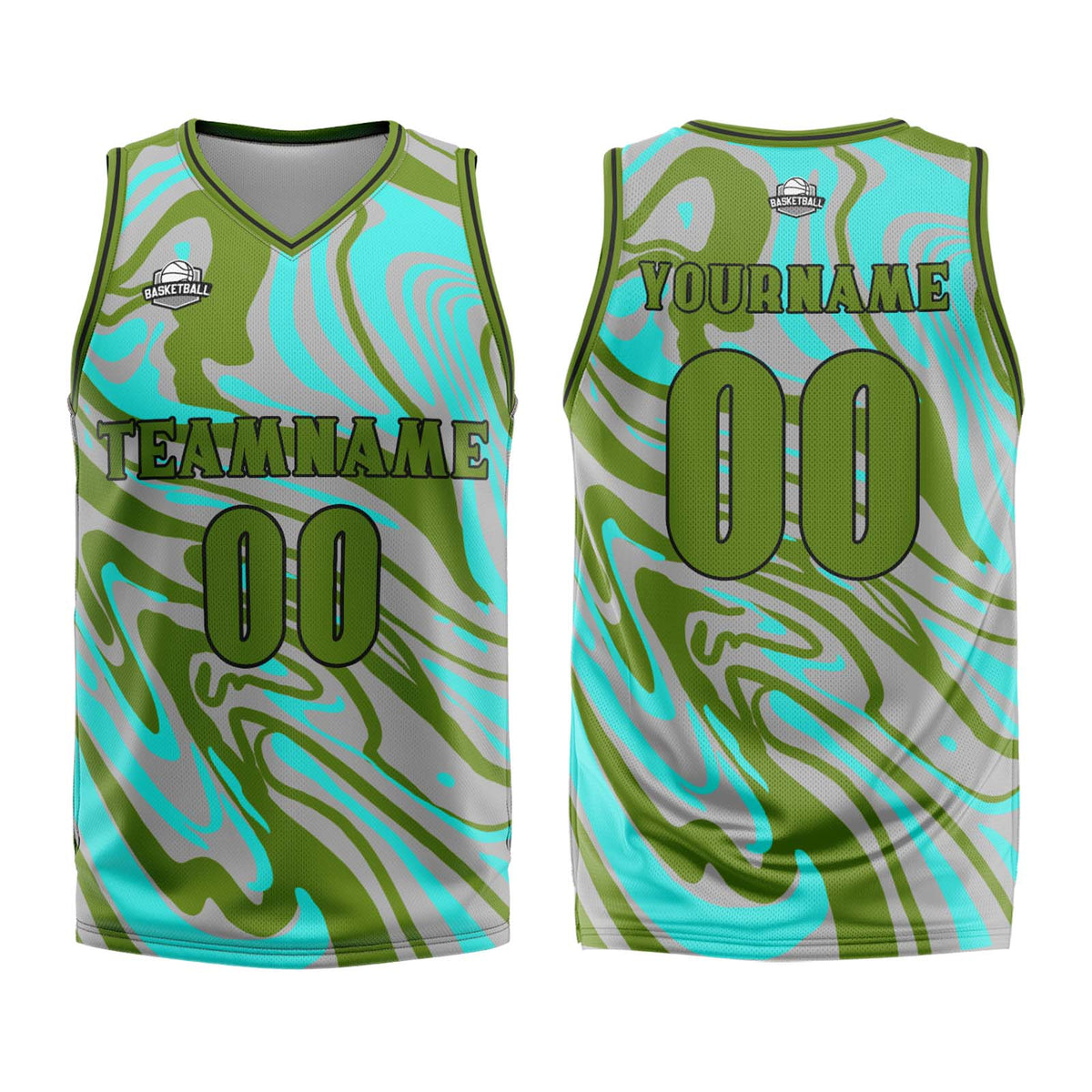 Uniforme de baloncesto personalizado en verde y gris fluido con tu logotipo-nombre y número impresos